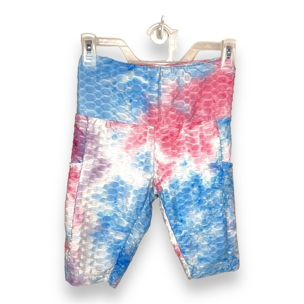 SMALL JUNIORS PASTEL BLUE PINK SWIRL BIKER SHORTS POCKETS CASUAL STRETCH